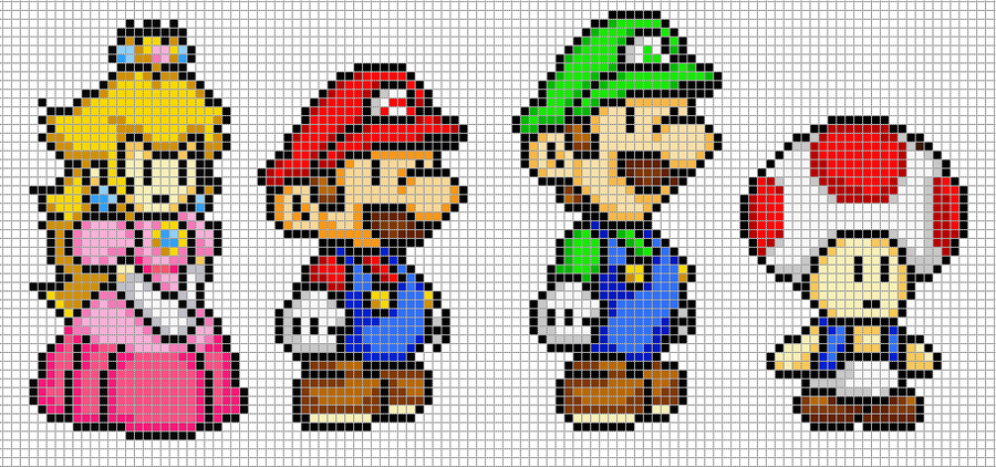 Pixel Art: Mario, Luigi, Peach and Toad by Hama-Girl