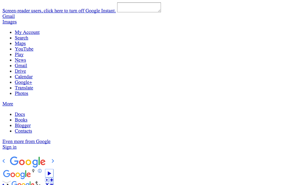 Screenshot of Google with only HTML enabled